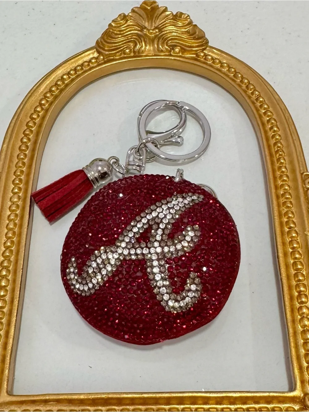 New Maroon Crystal Initial 'A' Keychain Charm with Tassel
